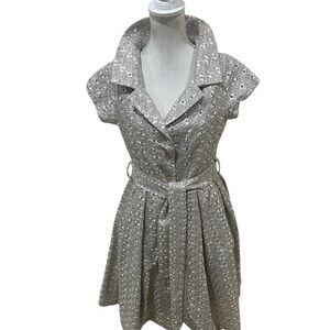 Vtg‘90’s Ariella Silver eyelet lace fit & flare short sleeve Dress belt large